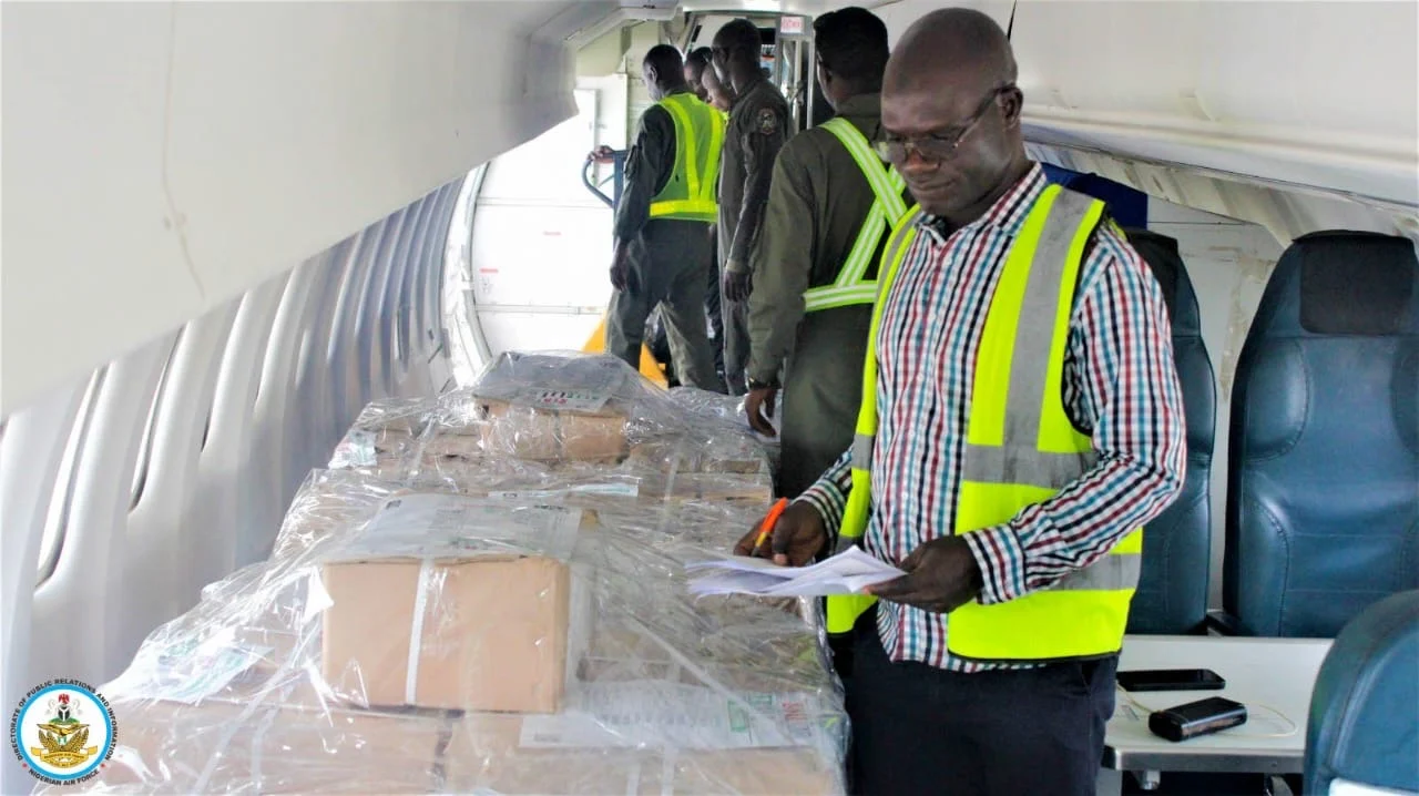 INEC materials and Nigeria Air Force inspecting the election materials.